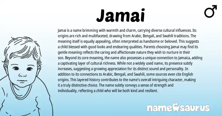Infographic about Jamai name meaning, Jamai is a name from Swahili, Bengali, Arabic origin(s).