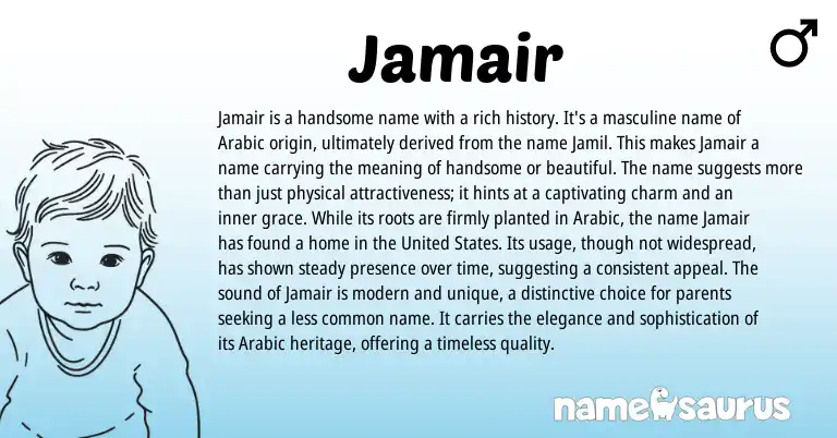 Infographic about Jamair name meaning, Jamair is a name from Arabic origin(s).