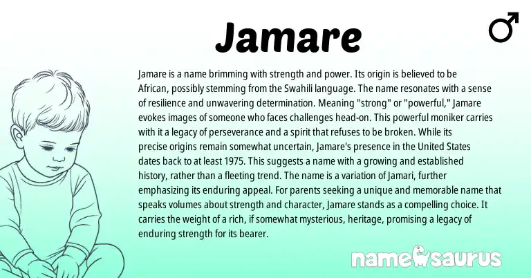Infographic about Jamare name meaning, Jamare is a name from African, Swahili origin(s).