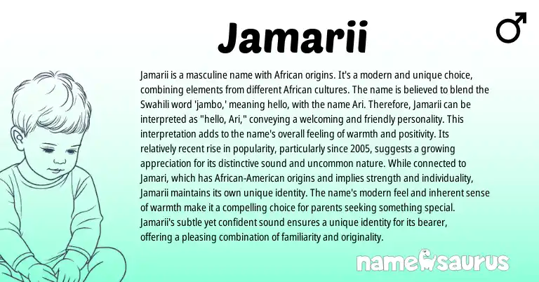 Infographic about Jamarii name meaning, Jamarii is a name from African, Swahili, American origin(s).