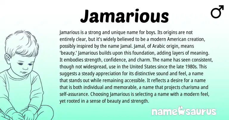 Infographic about Jamarious name meaning, Jamarious is a name from Arabic origin(s).