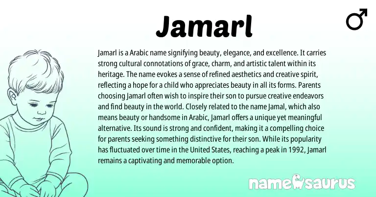 Infographic about Jamarl name meaning, Jamarl is a name from Arabic, American origin(s).