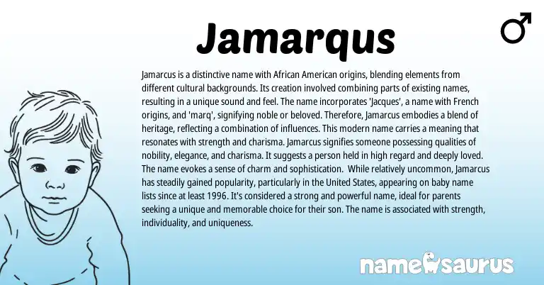Infographic about Jamarqus name meaning, Jamarqus is a name from American, French, African origin(s).