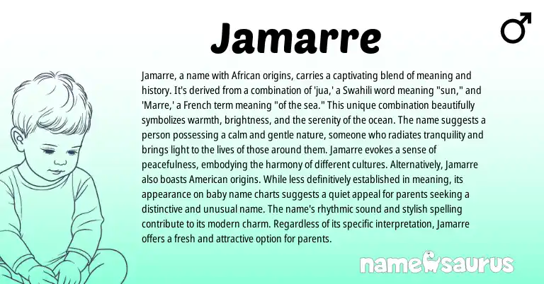 Infographic about Jamarre name meaning, Jamarre is a name from French, African, Swahili, American origin(s).