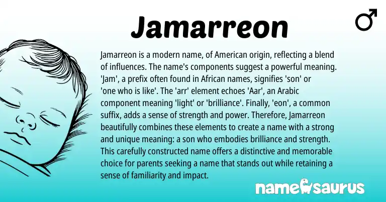 Infographic about Jamarreon name meaning, Jamarreon is a name from Arabic origin(s).