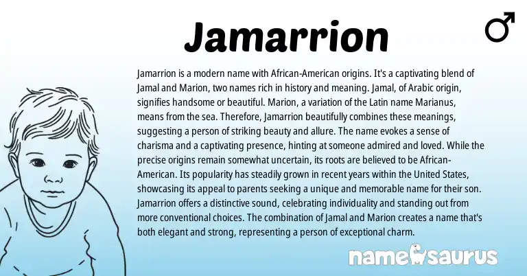 Infographic about Jamarrion name meaning, Jamarrion is a name from Latin, Arabic, American origin(s).