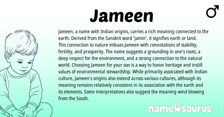 Infographic about Jameen name meaning, Jameen is a name from Hebrew, Indian, Sanskrit origin(s).