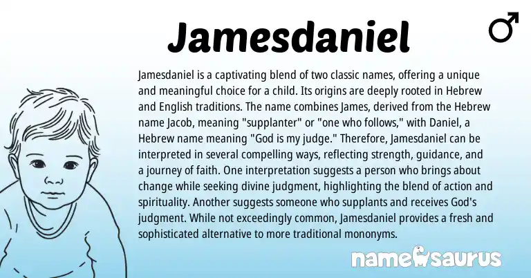 Infographic about Jamesdaniel name meaning, Jamesdaniel is a name from Hebrew, American origin(s).
