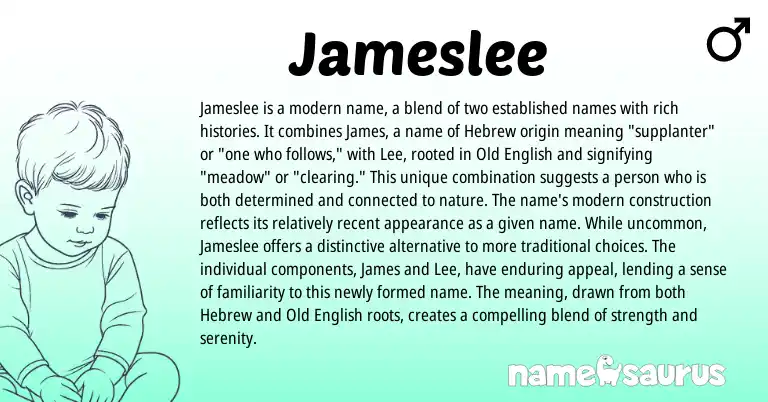 Infographic about Jameslee name meaning, Jameslee is a name from Hebrew, English origin(s).