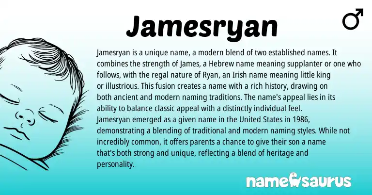 Infographic about Jamesryan name meaning, Jamesryan is a name from Hebrew, English, Irish origin(s).
