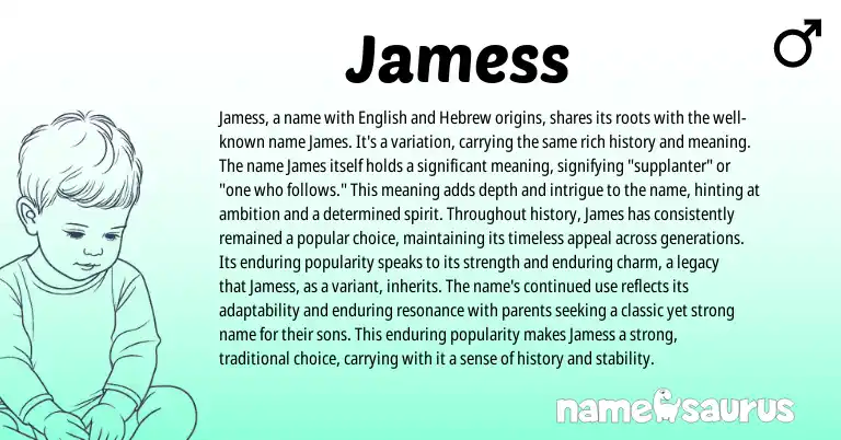 Infographic about Jamess name meaning, Jamess is a name from Hebrew origin(s).