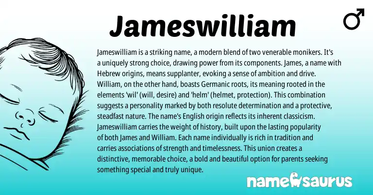 Infographic about Jameswilliam name meaning, Jameswilliam is a name from Germanic, Hebrew, English origin(s).