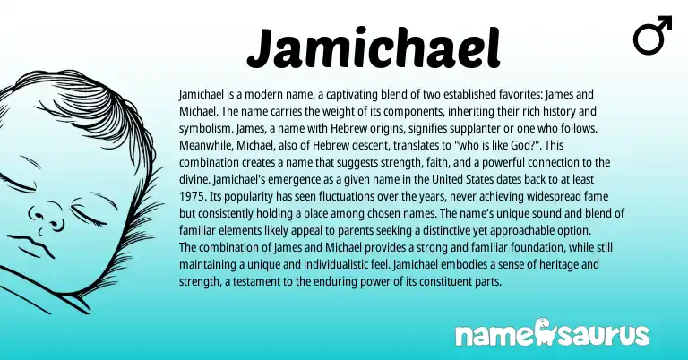 Infographic about Jamichael name meaning, Jamichael is a name from Hebrew, American origin(s).
