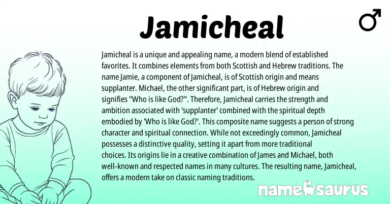 Infographic about Jamicheal name meaning, Jamicheal is a name from Scottish, Hebrew, American origin(s).