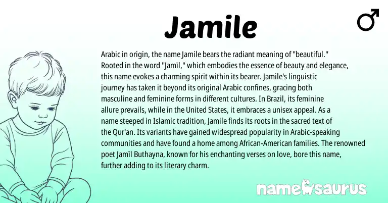 Infographic about Jamile name meaning, Jamile is a name from Arabic, African, American, United States origin(s).