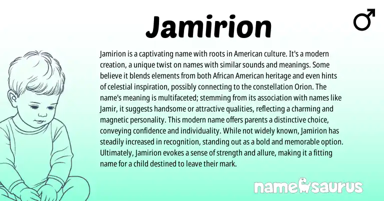 Infographic about Jamirion name meaning, Jamirion is a name from American, Arabic origin(s).
