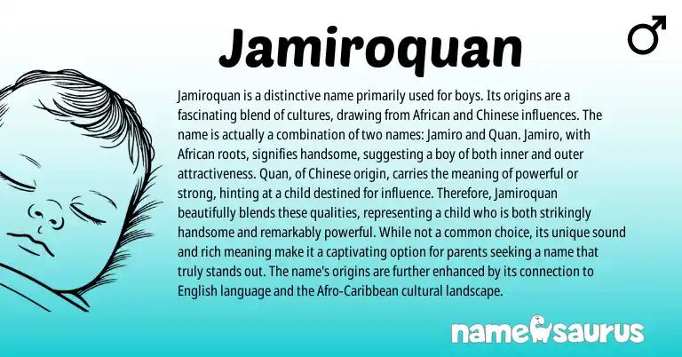 Infographic about Jamiroquan name meaning, Jamiroquan is a name from Chinese, African origin(s).