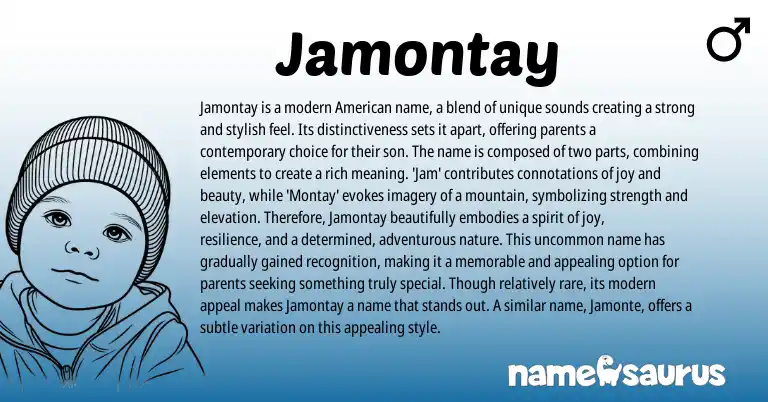 Infographic about Jamontay name meaning, Jamontay is a name from American origin(s).