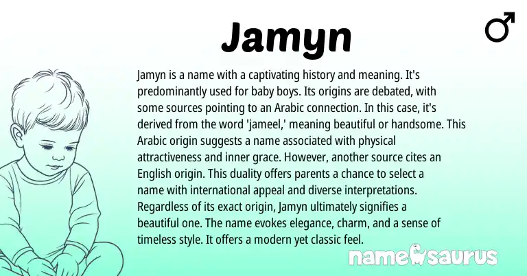 Infographic about Jamyn name meaning, Jamyn is a name from Arabic origin(s).
