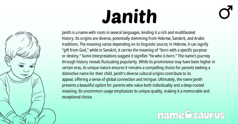 Infographic about Janith name meaning, Janith is a name from Indian, Sanskrit, Hebrew, Arabic origin(s).