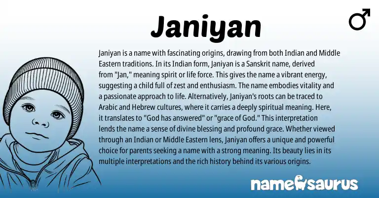 Infographic about Janiyan name meaning, Janiyan is a name from Indian, Sanskrit origin(s).