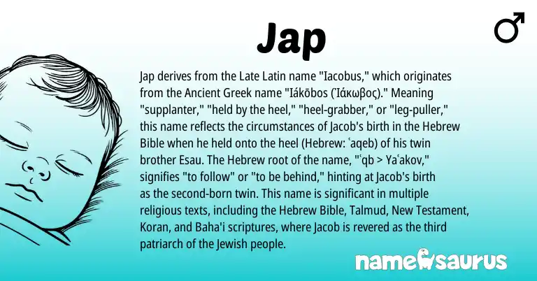 Infographic about Jap name meaning, Jap is a name from Jewish, Late Latin, Hebrew, Ancient Greek origin(s).