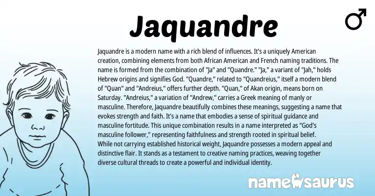 Infographic about Jaquandre name meaning, Jaquandre is a name from Akan, French, Hebrew, African, American origin(s).