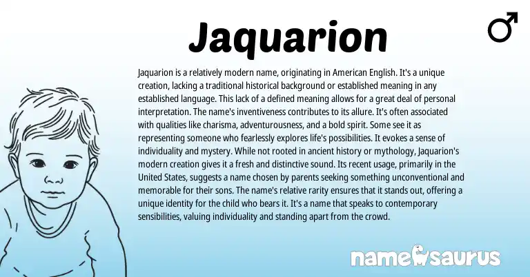 Infographic about Jaquarion name meaning, Jaquarion is a name from American origin(s).