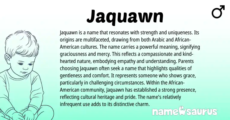 Infographic about Jaquawn name meaning, Jaquawn is a name from Arabic origin(s).