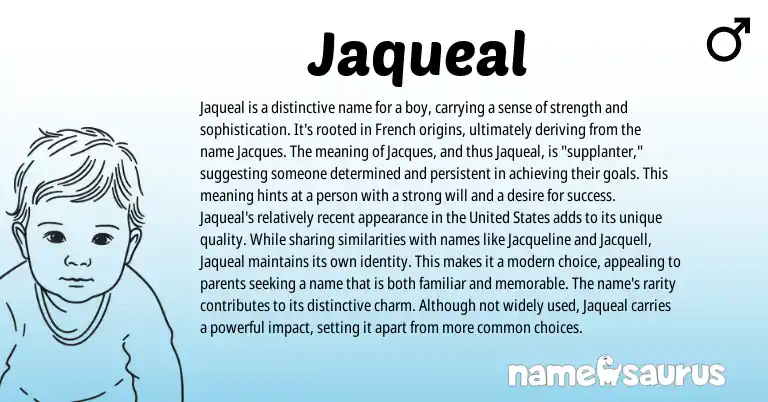 Infographic about Jaqueal name meaning, Jaqueal is a name from French, American origin(s).