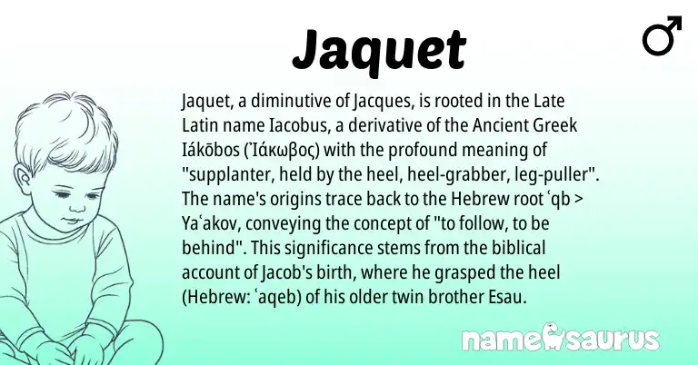 Infographic about Jaquet name meaning, Jaquet is a name from Late Latin, Hebrew, Ancient Greek origin(s).
