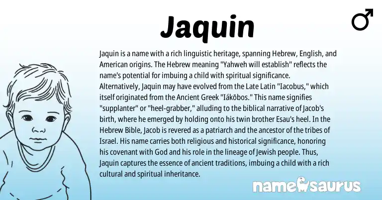 Infographic about Jaquin name meaning, Jaquin is a name from Ancient Greek, English, Late Latin, Jewish, American, Hebrew origin(s).