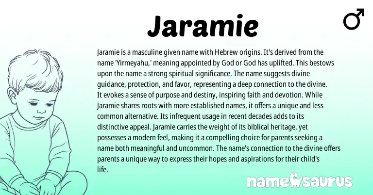 Infographic about Jaramie name meaning, Jaramie is a name from Hebrew, Spanish origin(s).