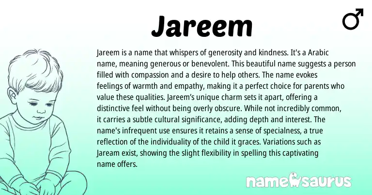 Infographic about Jareem name meaning, Jareem is a name from Arabic origin(s).