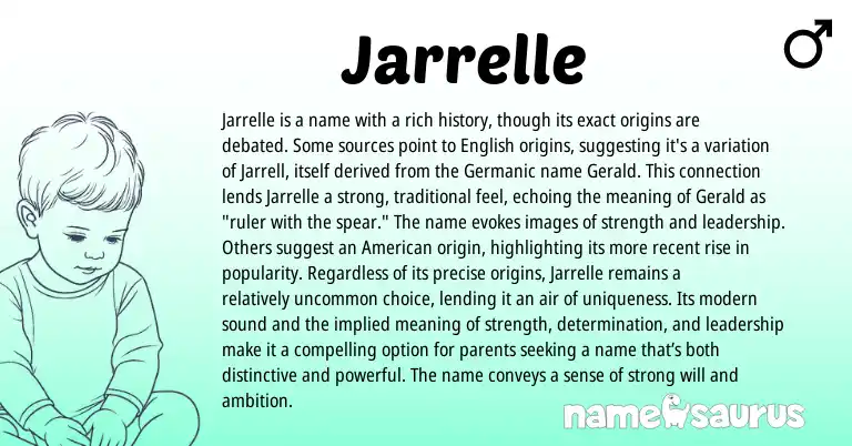 Infographic about Jarrelle name meaning, Jarrelle is a name from Germanic, English origin(s).