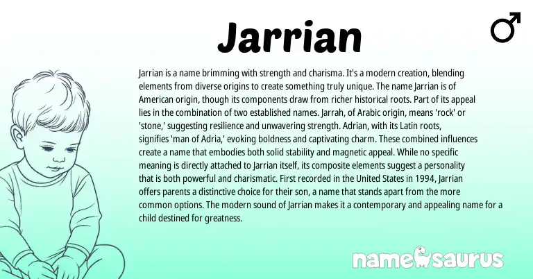 Infographic about Jarrian name meaning, Jarrian is a name from Latin, Arabic origin(s).
