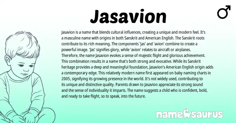 Infographic about Jasavion name meaning, Jasavion is a name from Indian, Sanskrit, American origin(s).
