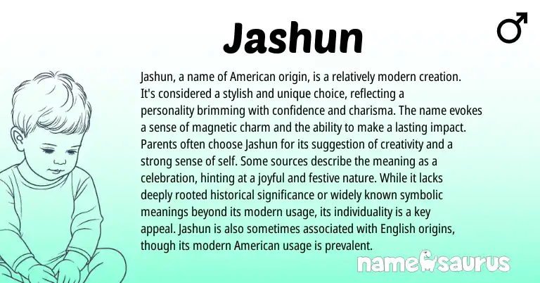 Infographic about Jashun name meaning, Jashun is a name from Indian, American origin(s).