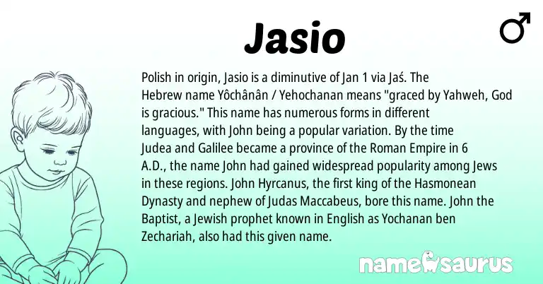 Infographic about Jasio name meaning, Jasio is a name from Polish, English, Roman, Jewish, Hebrew origin(s).