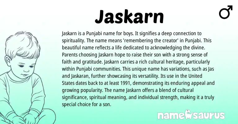 Infographic about Jaskarn name meaning, Jaskarn is a name from Punjabi origin(s).