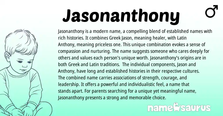 Infographic about Jasonanthony name meaning, Jasonanthony is a name from Latin, English, Greek origin(s).