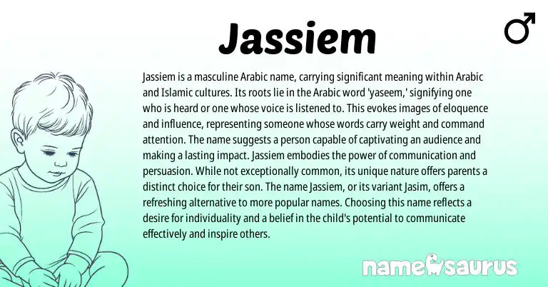 Infographic about Jassiem name meaning, Jassiem is a name from Arabic origin(s).