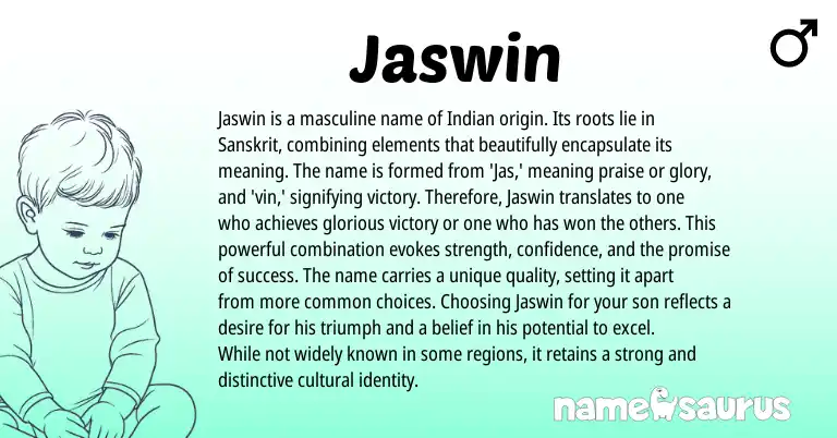 Infographic about Jaswin name meaning, Jaswin is a name from Indian, Sanskrit origin(s).