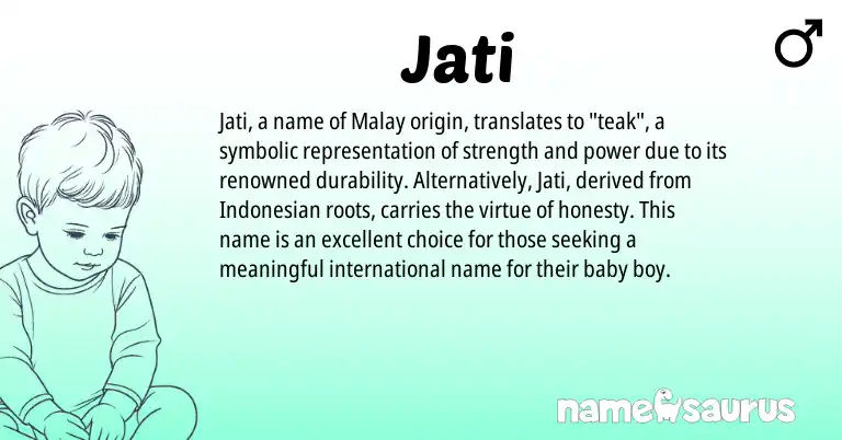 Infographic about Jati name meaning, Jati is a name from Indonesian, Malay origin(s).