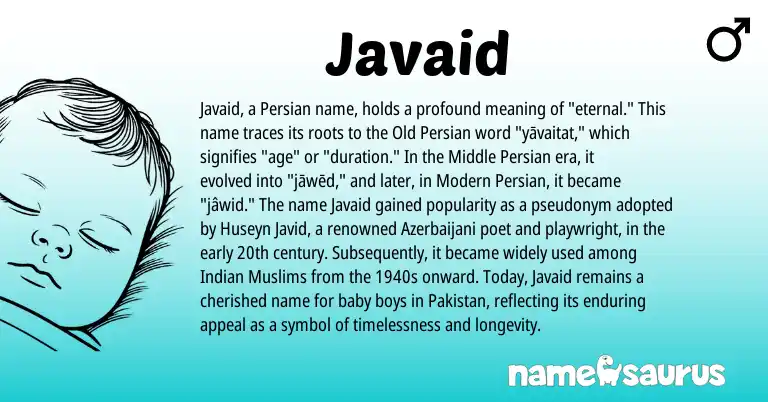 Infographic about Javaid name meaning, Javaid is a name from Old Persian, Indian, Persian, Azerbaijani, Modern, Pakistan, Middle Persian origin(s).
