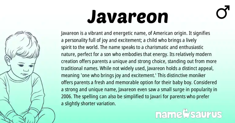 Infographic about Javareon name meaning, Javareon is a name from American origin(s).
