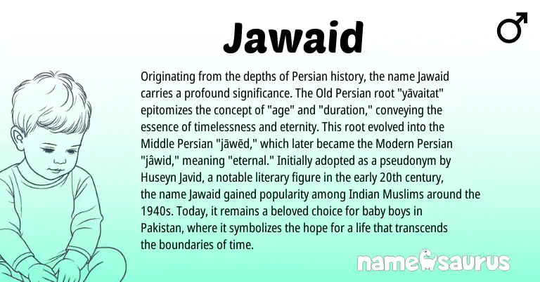 Infographic about Jawaid name meaning, Jawaid is a name from Old Persian, Indian, Persian, Modern, Pakistan, Middle Persian origin(s).