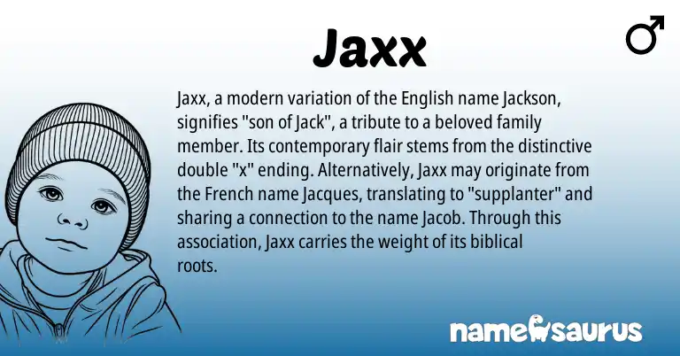 Infographic about Jaxx name meaning, Jaxx is a name from English, French origin(s).