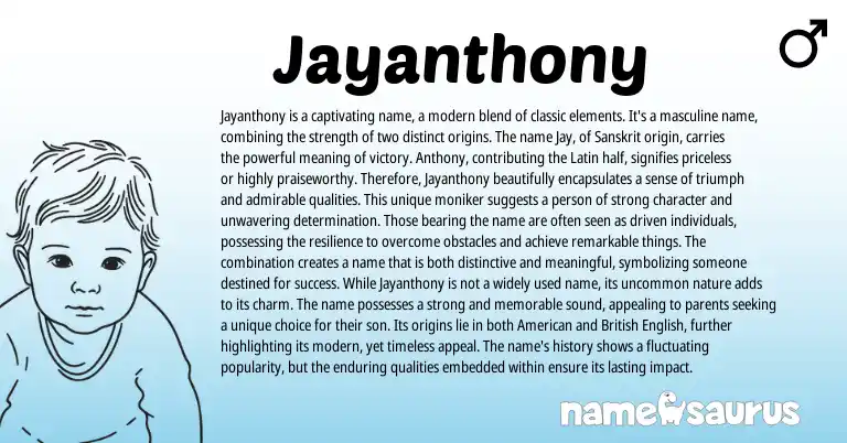 Infographic about Jayanthony name meaning, Jayanthony is a name from Latin, English, Sanskrit, Greek origin(s).