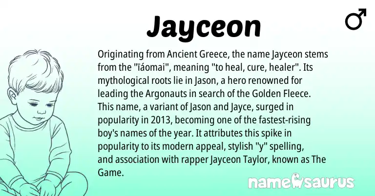 Infographic about Jayceon name meaning, Jayceon is a name from Greece origin(s).